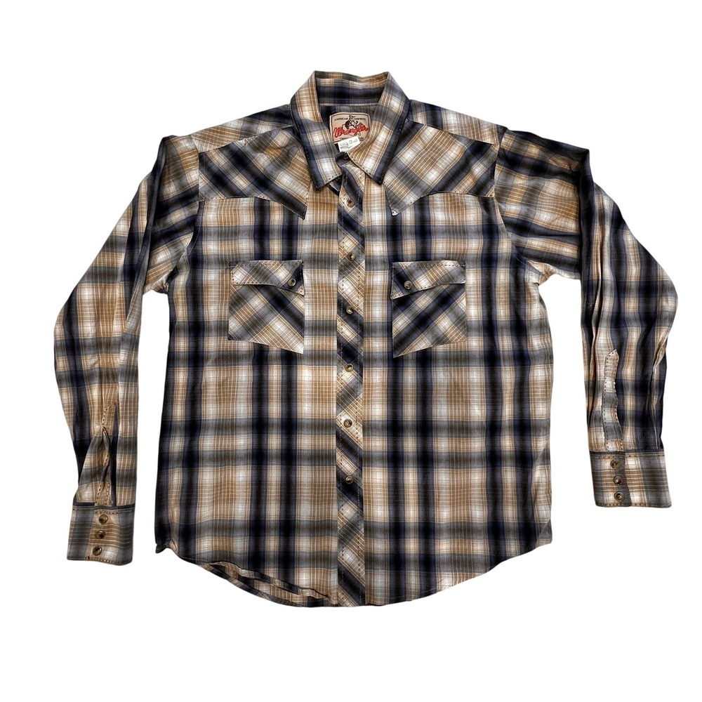 Wrangler‎ Pearl Snap Button Down Shirt Men's L Plaid Western Cowboy Casual